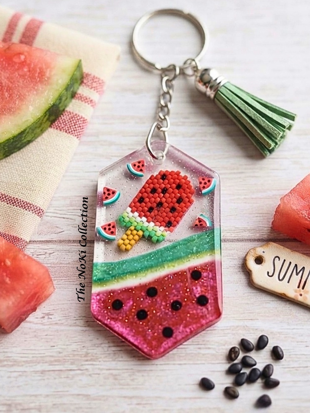 Watermelon Popsicle Resin Keychain with Tassel - Pink & Green